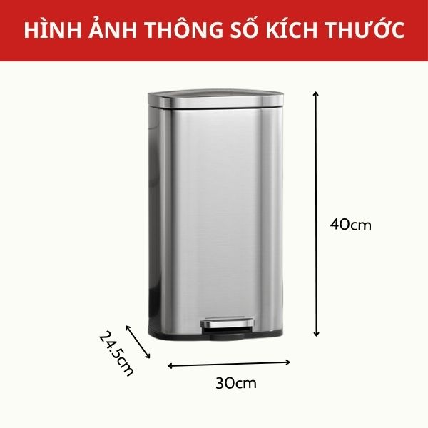 Kích thước thùng rác inox đạp chân vuống 16L