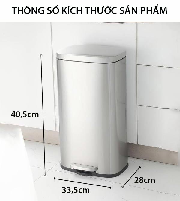 Kích thước thùng rác inox vuông đạp chân 20l