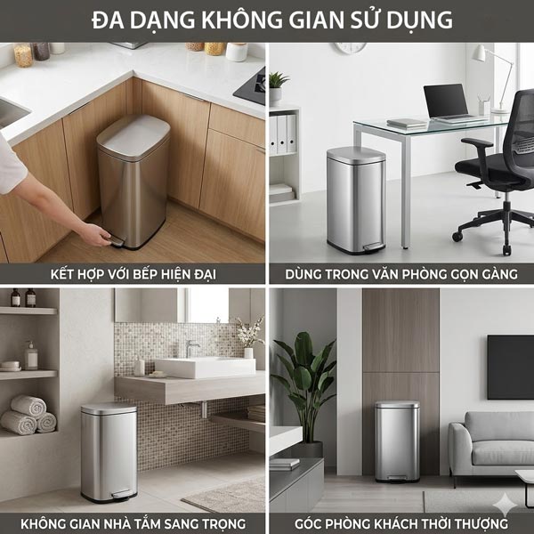 thùng rác inox vuông đạp chân 30l ứng dụng đa dạng nhiều không gian