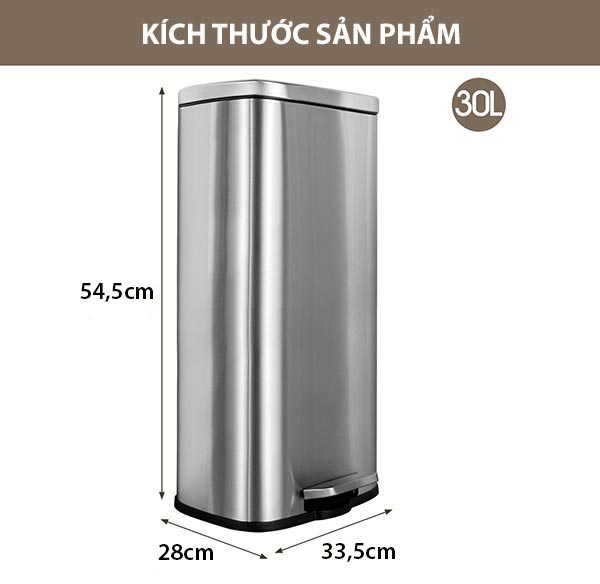 Kích thước thùng rác inox vuông đạp chân 30l