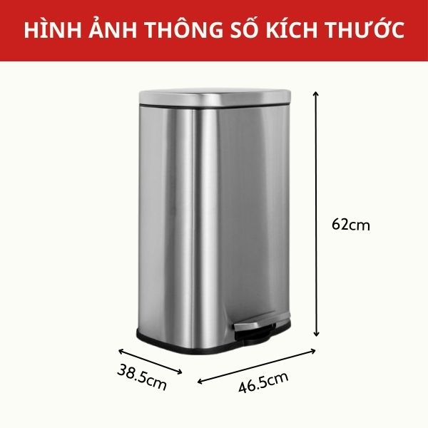 Kích thước thùng rác inox vuông đạp chân 50l