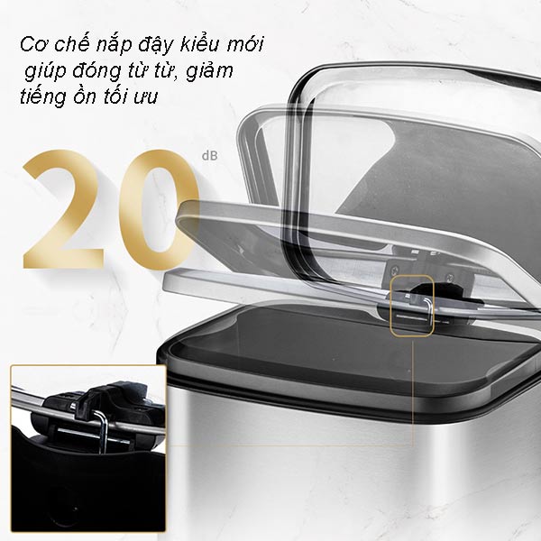 Nắp thùng rác có thiết kế giảm thông minh giúp hẹn chế tiếng ồn, bảo vệ và tăng tuổi thọ của sản phẩm