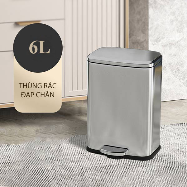 Thùng rác trong phòng vuông đạp chân có dung tích 6L