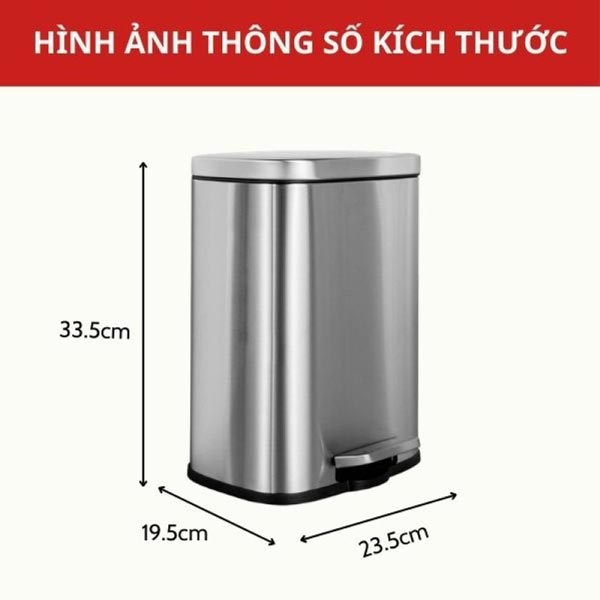Kích thước thùng rác inox vuông đạp chân 8l