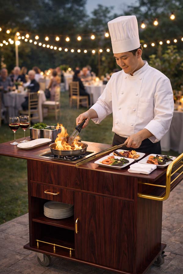 Xe phục vụ bàn ăn nhà hàng có bếp nâng tầm trải nghiệm của khách hàng