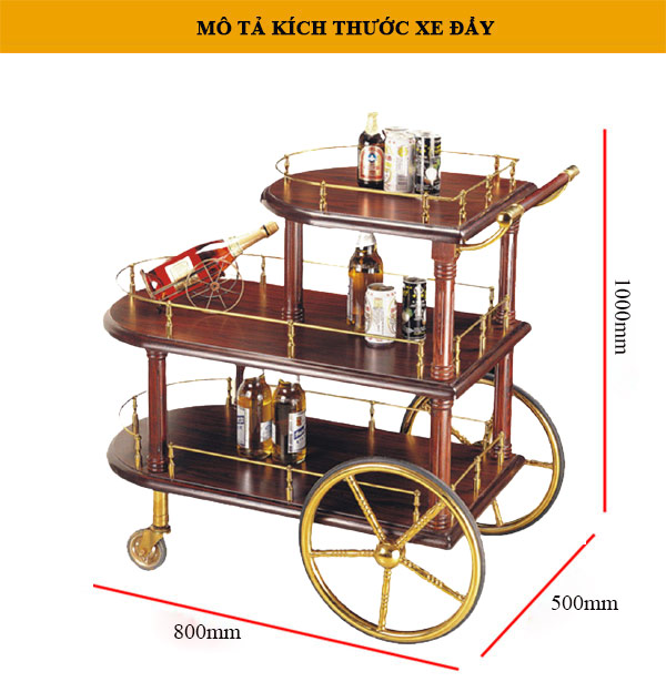 Kích thước xe đẩy rượu bằng gỗ 3 tầng