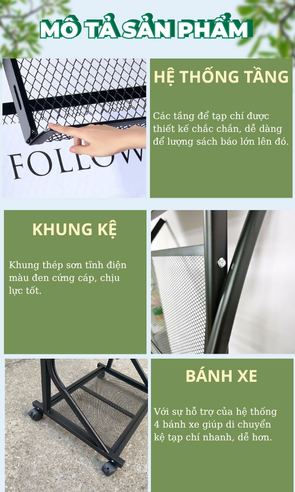 Kệ trưng bày tạp chí 4 tầng có bánh xe HTCJ-41