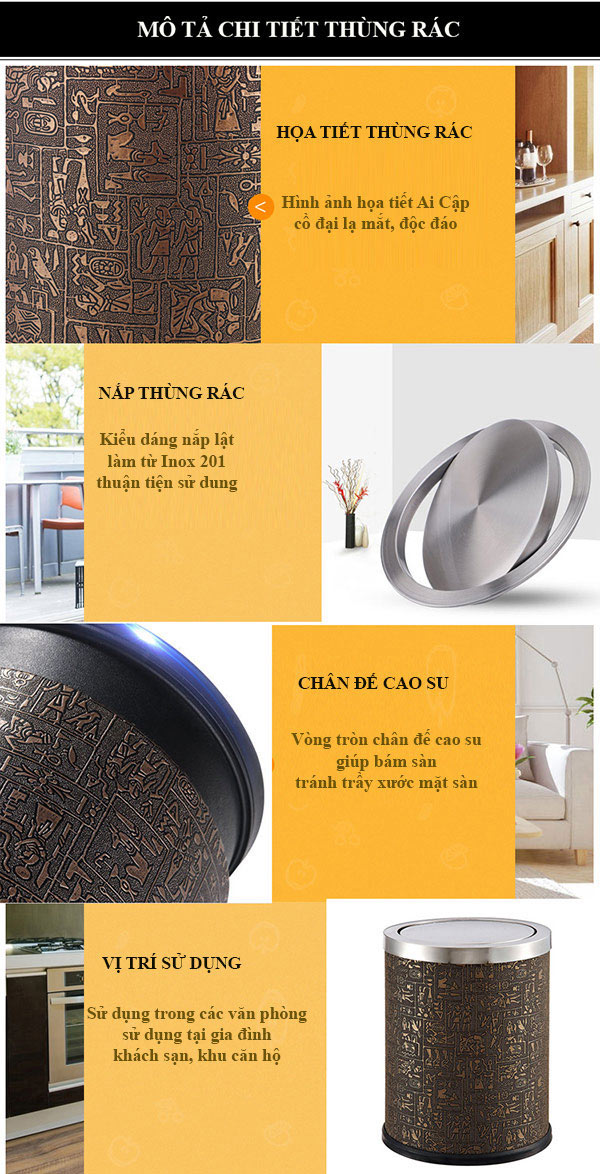 Thùng rác bọc giả da họa tiết ai cập có nắp lật