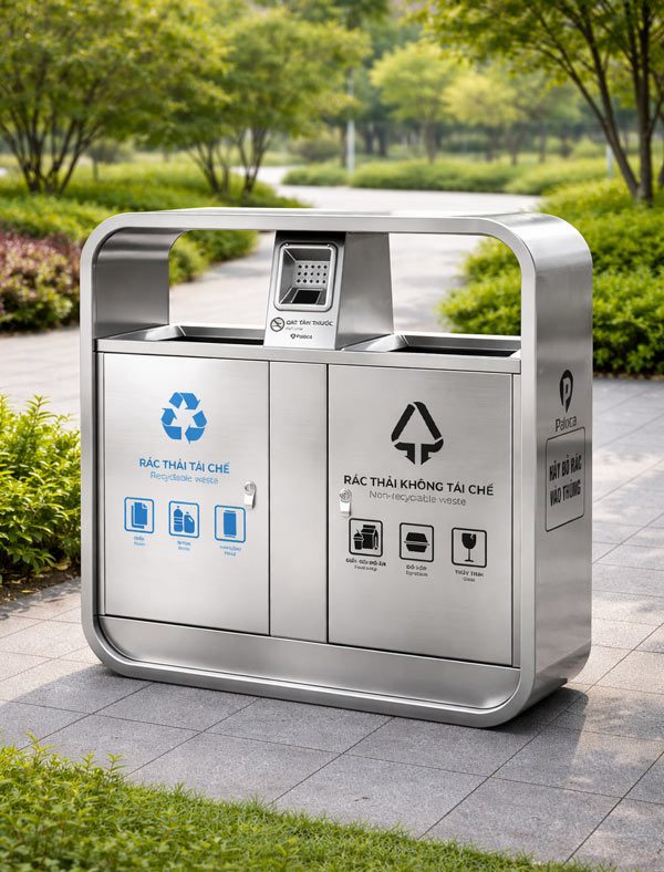 Thùng rác inox 2 ngăn ngoài trời bền bỉ chống nắng, mưa tốt, thích hợp sử dụng ngoài trời