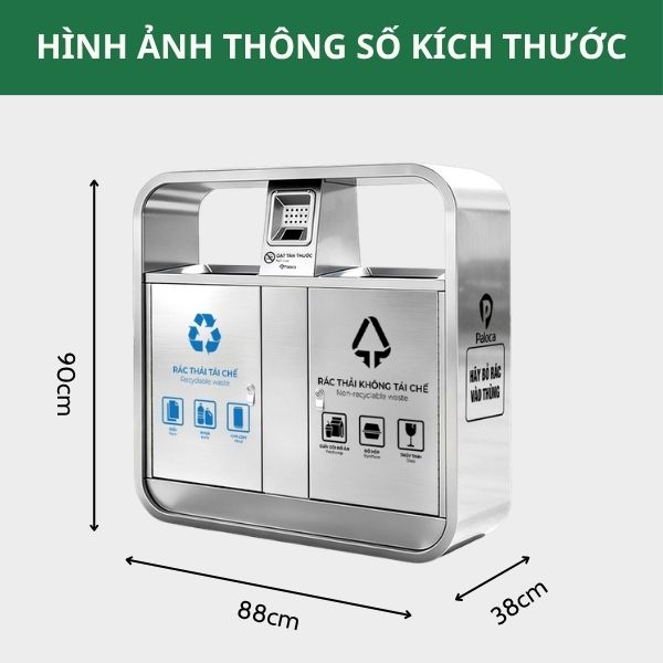 Kích thước thùng rác đôi ngoài trời có gạt tàn Paloca