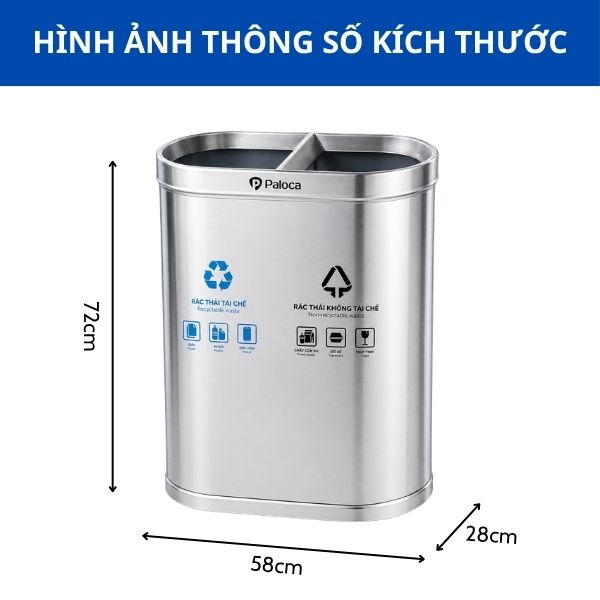 Kích thước thùng rác inox 2 ngăn không nắp
