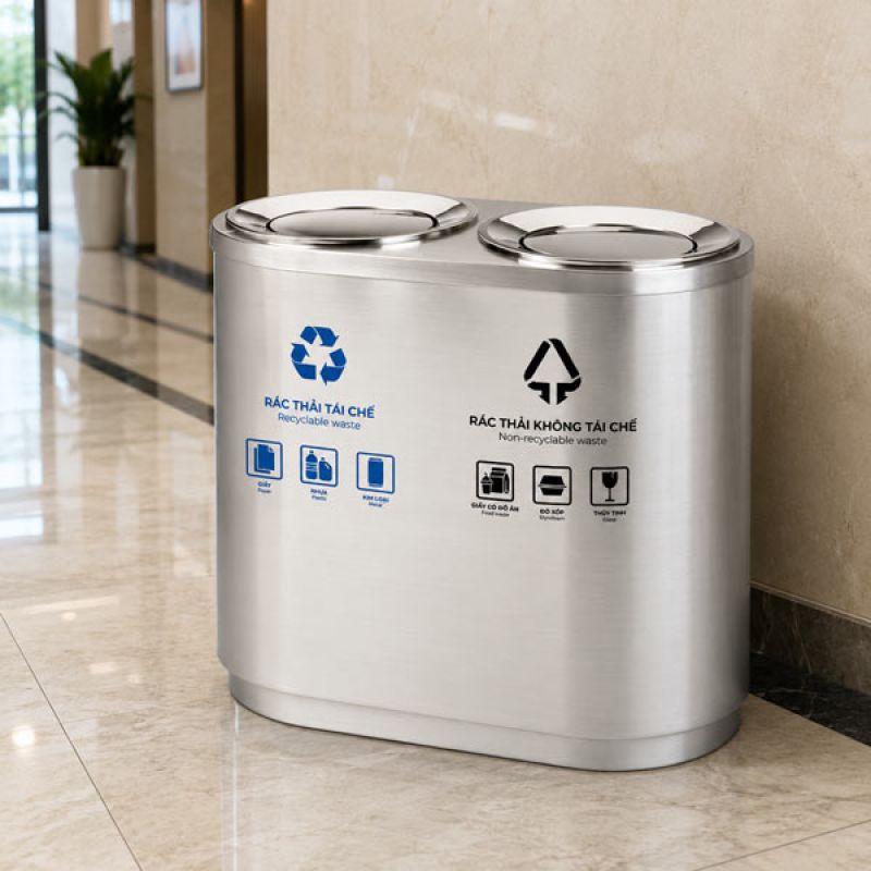 Thùng rác inox nắp lật phân loại 2 ngăn