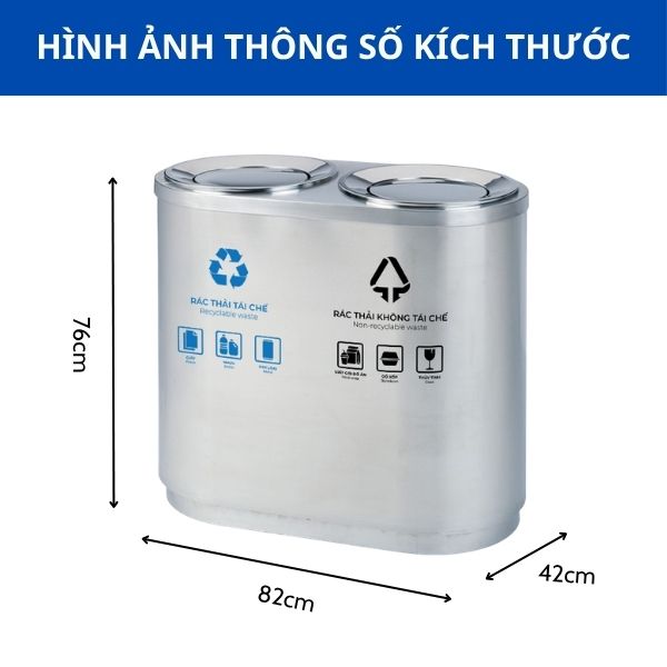 Kích thước thùng rác inox nắp lật phân loại 2 ngăn