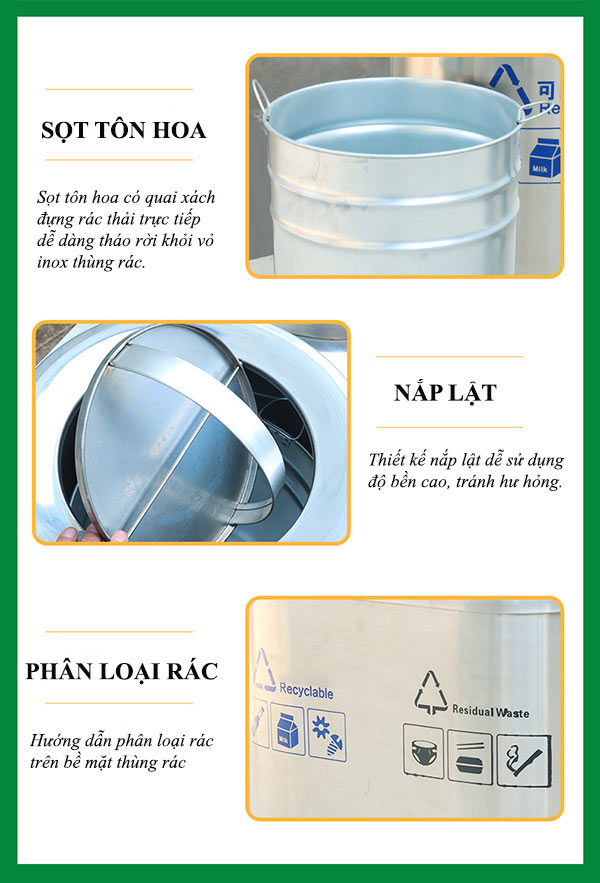 Hình ảnh mô tả thùng rác inox nắp lật phân loại 2 ngăn