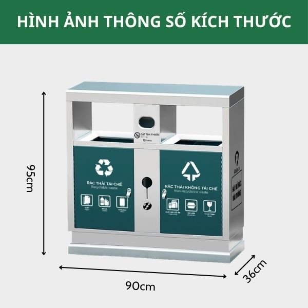 Kích thước thùng rác ngoài trời 2 ngăn có mái che
