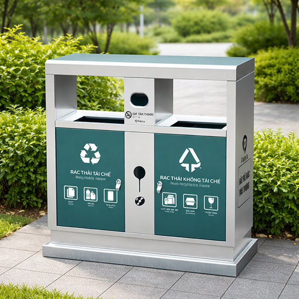 Thùng rác cao cấp để ngoài trời 2 ngăn bằng inox có mái che phù hợp sử dụng ngoài trời