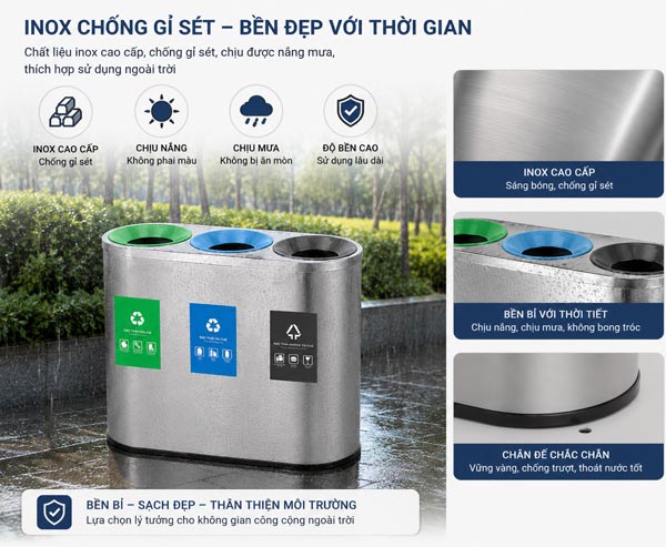 Hình ảnh chi tiết mô tả thùng rác inox 3 ngăn phân loại