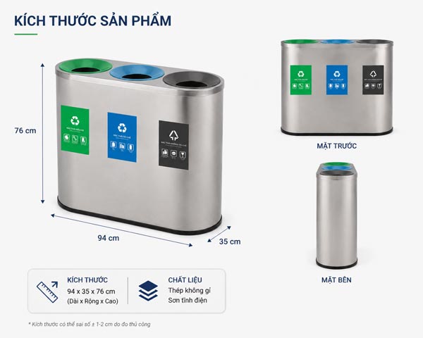 Kích thước thùng rác ngoài trời 3 ngăn phân loại