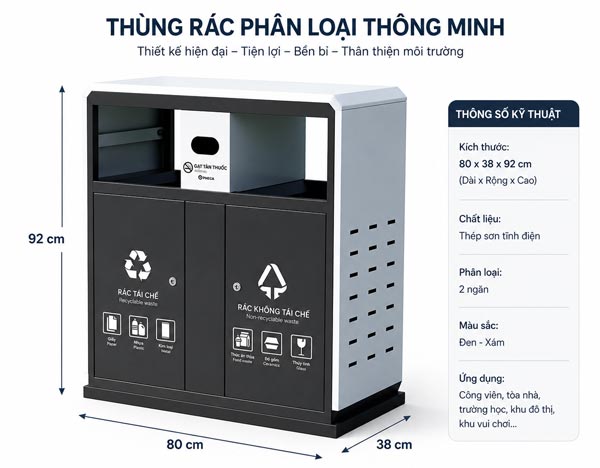Hình ảnh kích thước thùng rác 2 ngăn ngoài trời có gạt tàn