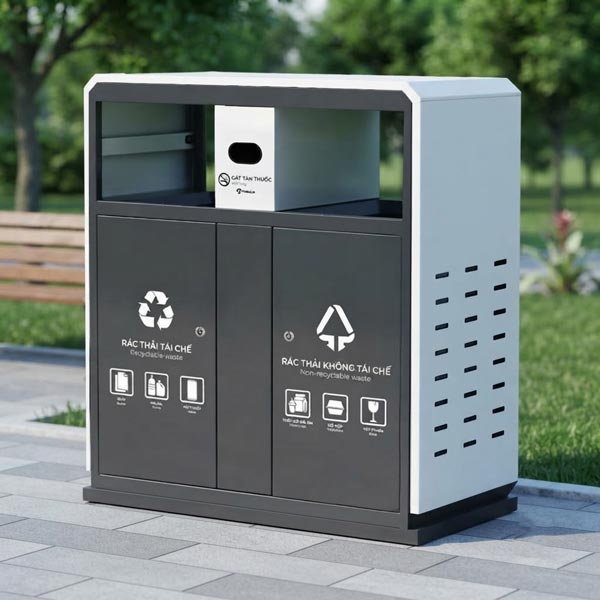 Thùng rác ngoài trời có gạt tàn được làm bằng thép phun sơn tĩnh điện cao cấp