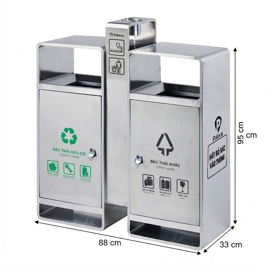 Kích thước thùng rác inox 304 cao cấp ngoài trời Paloca
