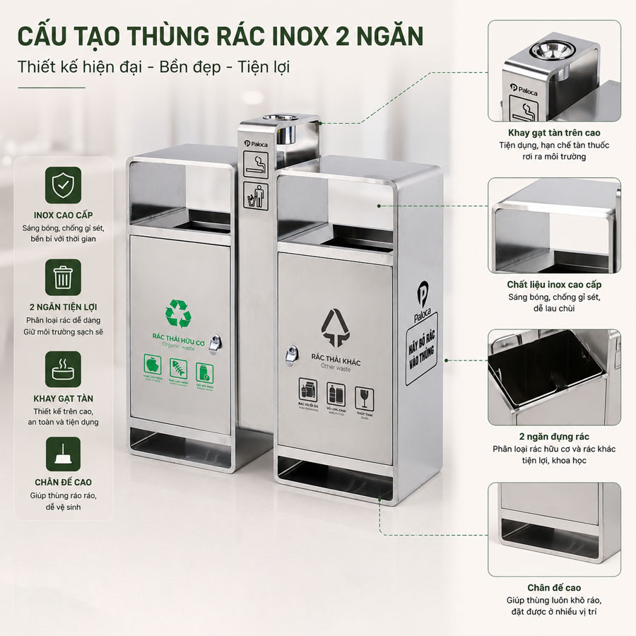 Hình ảnh mô tả chi tiết thùng rác inox 304 cao cấp 2 ngăn ngoài trời