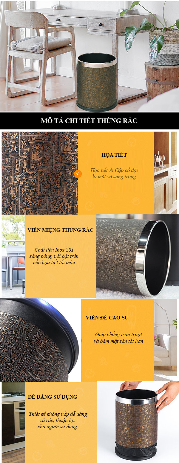 Hình ảnh mô tả chi tiết thùng rác không nắp đậy giả da