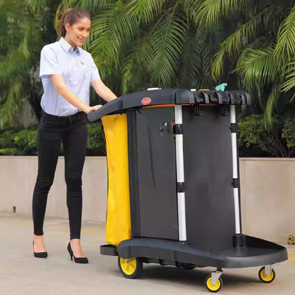Xe dọn vệ sinh đa năng khách sạn làm từ nhựa kết hợp với inox cao cấp, bền bỉ, chịu lực tốt
