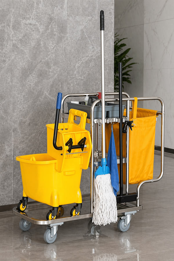 Xe dọn vệ sinh inox có móc treo