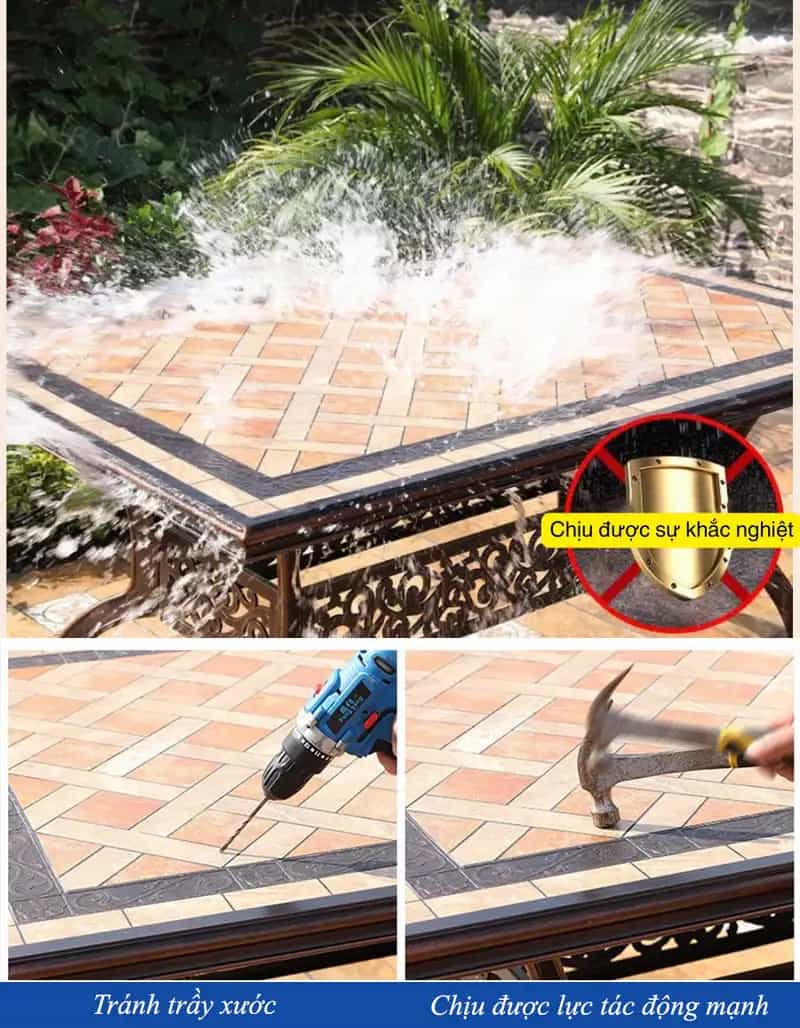 Bàn sân vườn có phần mặt bàn được làm bằng đá bền bỉ, chịu lực tốt phù hợp sử dụng không gian ngoài trời
