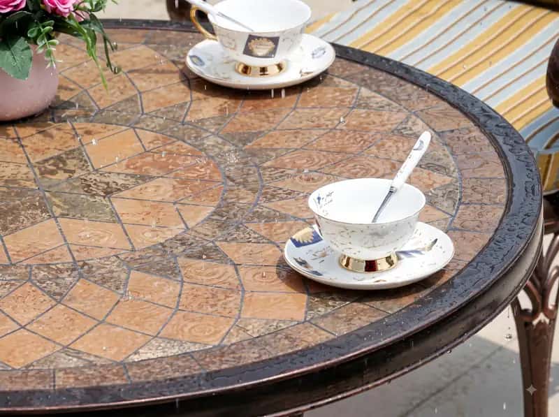 Mặt bàn được làm bằng gạch men họa tiết hoa văn độc đáo