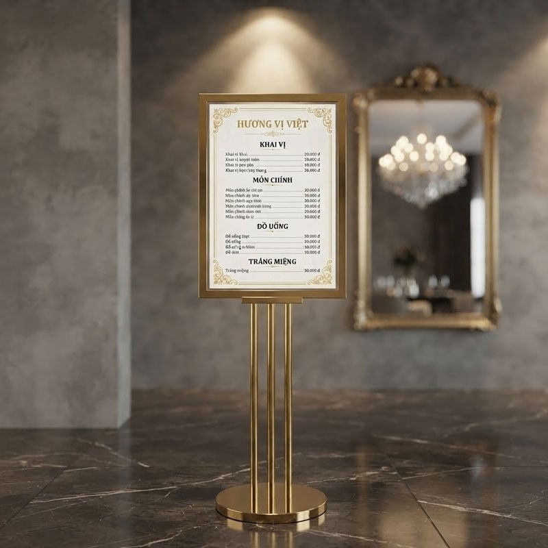 Bảng menu đứng inox vàng trong sự kiện sang trọng