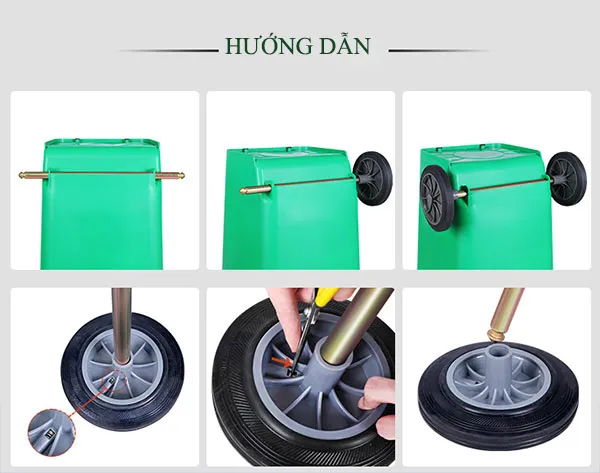 Hình ảnh hướng dẫn lắp đặt bánh xe và trục thùng rác nhựa công nghiêp
