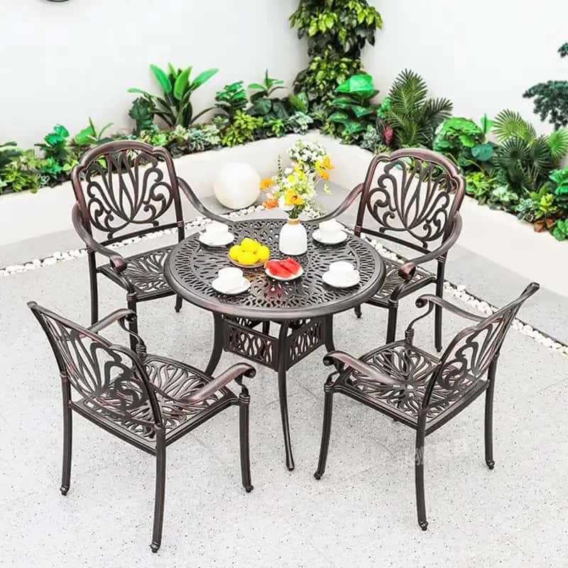 ghế nhôm đúc ngoài trời họa tiết hoa sen PTGN-7 khi kết hợp với bàn nhôm đúc ngoài trời