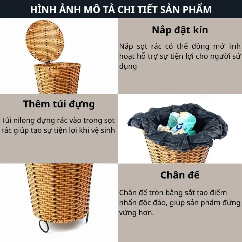 Hình ảnh mô tả chi tiết sọt rác nhựa giả mây có nắp đậy kín