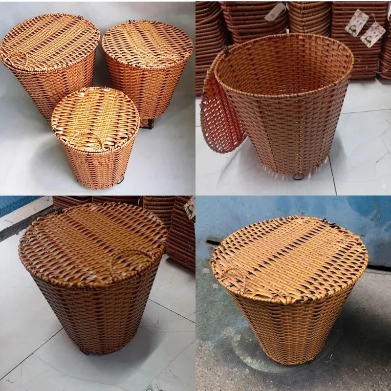 Hình ảnh thực tế sọt rác nhựa giả mây có nắp đậy kín