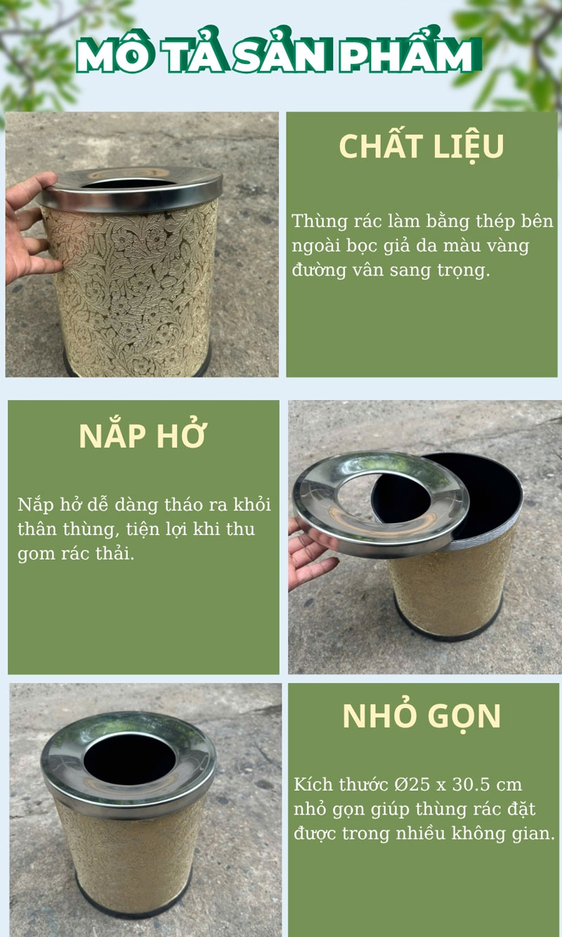 Hình ảnh mô tả chi tiết thùng rác văn phòng bọc giả da