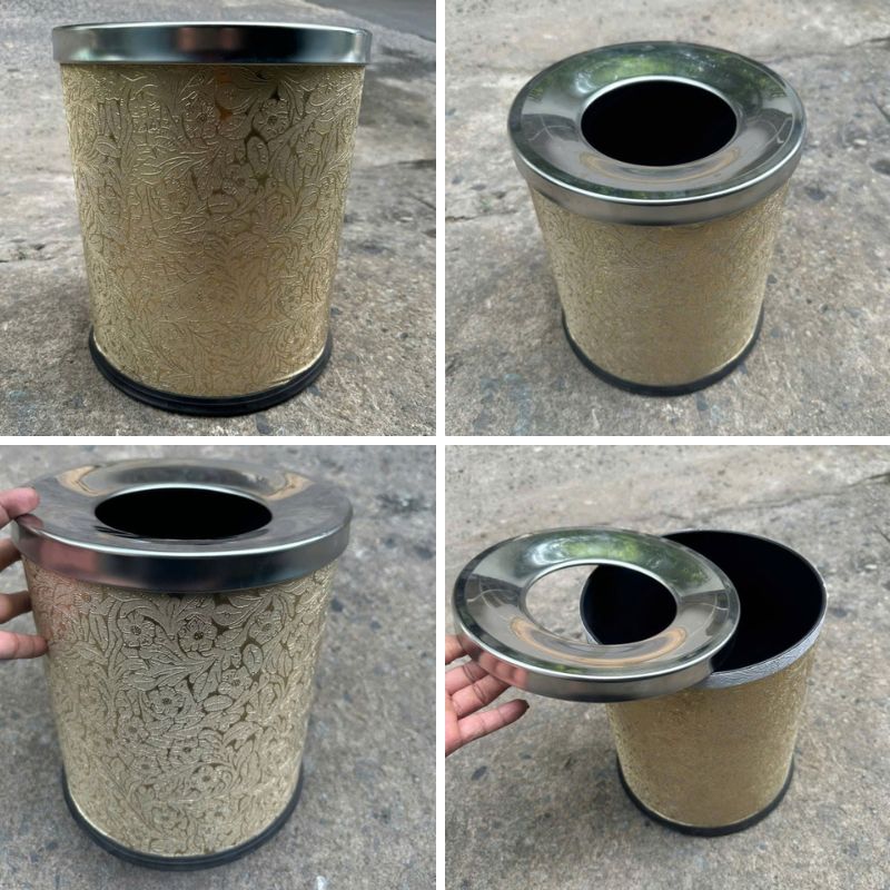 Hình ảnh thực tế thùng rác bọc giả da in hoa màu vàng