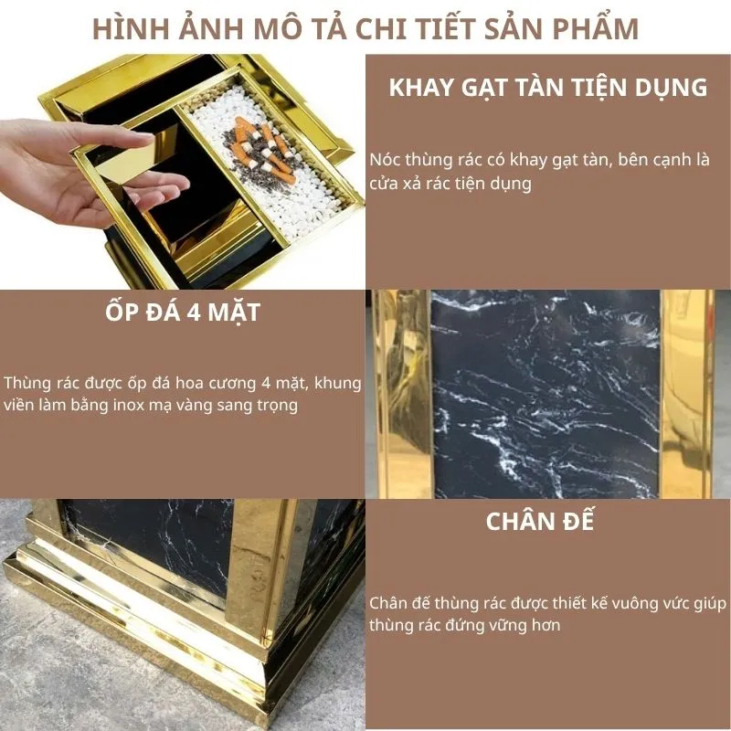 Hình ảnh mô tả chi tiết thùng rác đá hoa cương có gạt tàn HTG-17A-B2