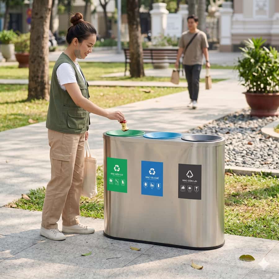 Thùng rác ngoài trời 3 ngăn phân loại rác