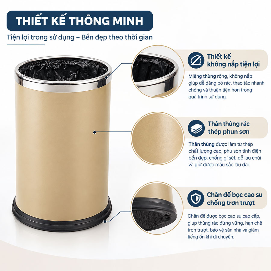 Hình ảnh mô tả chi tiết thùng rác thép sơn tĩnh điện màu nâu sữa