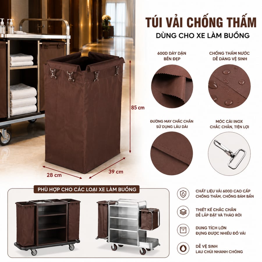 Hình ảnh mô tả chi tiết túi vải bạt dùng cho xe dọn phòng